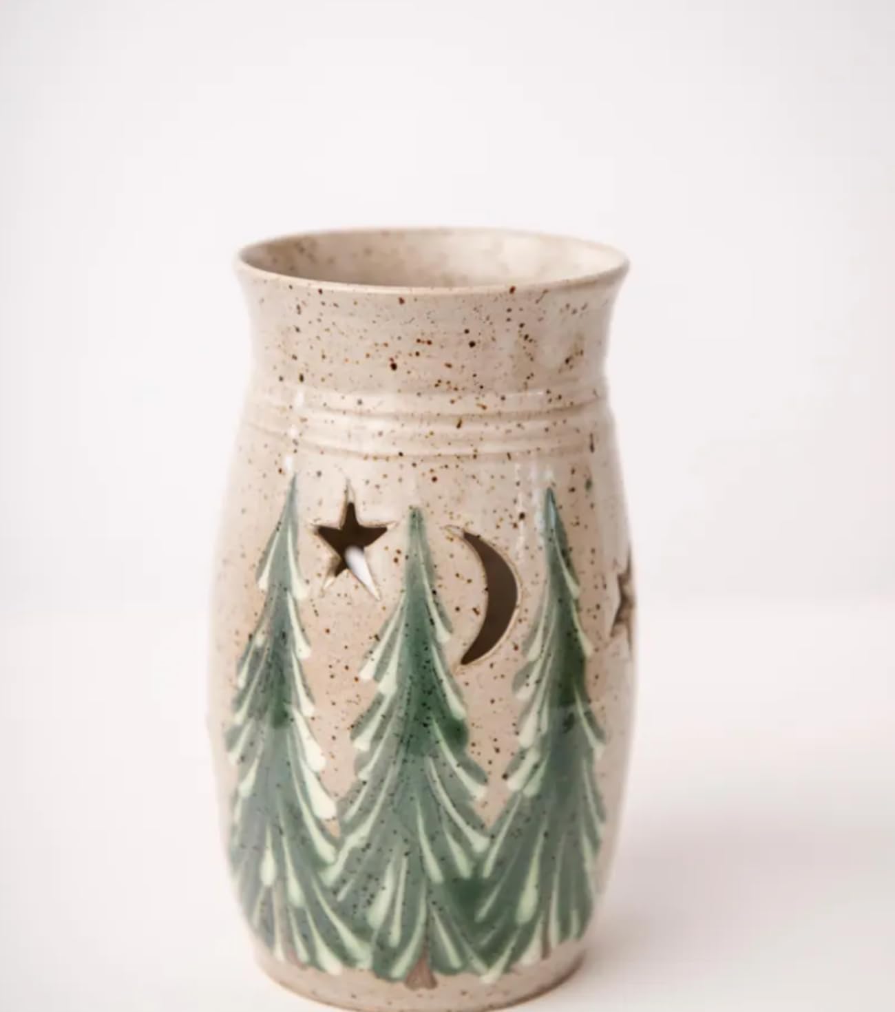Handmade Star Cut-Out Candle Holder – Ceramic Votive Lantern with Winter Tree Design, Rustic Pottery Holiday Decor, Christmas Table Centerpiece Gift