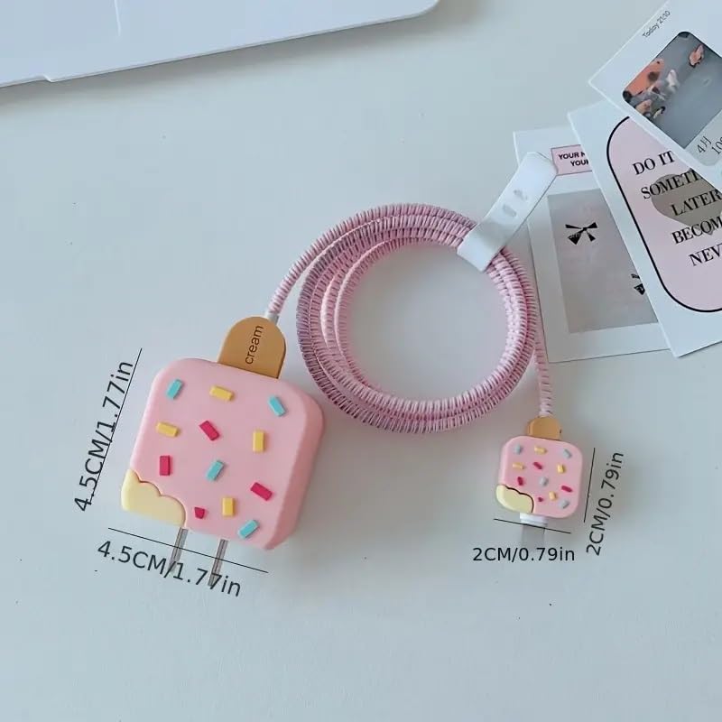 Image of Silicone Protective Case for Apple 20W & 18W iPhone USB-C Power Adapter Charger and for USB Lightning Cable, 3D Cartoon Case for iPhone Charger 18W /20W Only (Pink Icecream)