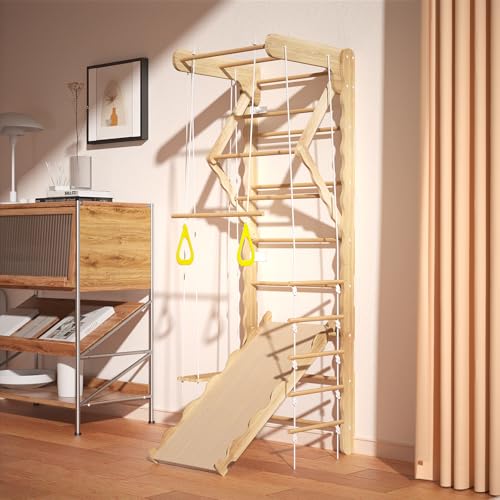 Image of 5-in-1 Wooden Indoor Jungle Gym for Kids, Wall-Mounted Swedish Ladder with Pull-Up Bar, Rings, Swing, and Slide - Montessori-Inspired Kids Playset for Fun & Development, Ages 3-8