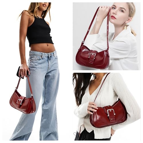 Image of Ayliss Shoulder Bag for Women Red Purse Y2k Top Handle Bag Burgundy Purse Vegan Leather Tote Handbag Clutch Hobo Studded | Purse