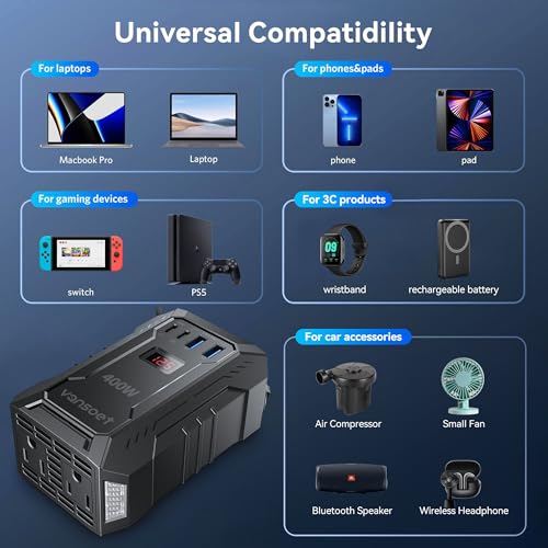 Vansoet 400W Car Power Inverter DC 12V to 110V AC (PD 30W/15W USB C + 2 USB A Ports & 2 AC Outlets) - image 7