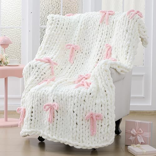 Mindsoft Pink Bow Chunky Knit Blanket Throw Large...
