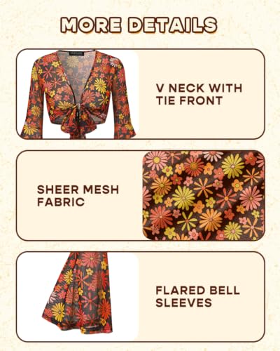 Image of For G and PL Women Tie Front Bell Sleeve Rave Crop Tops Floral Print Hippie Mesh Sheer Shirt