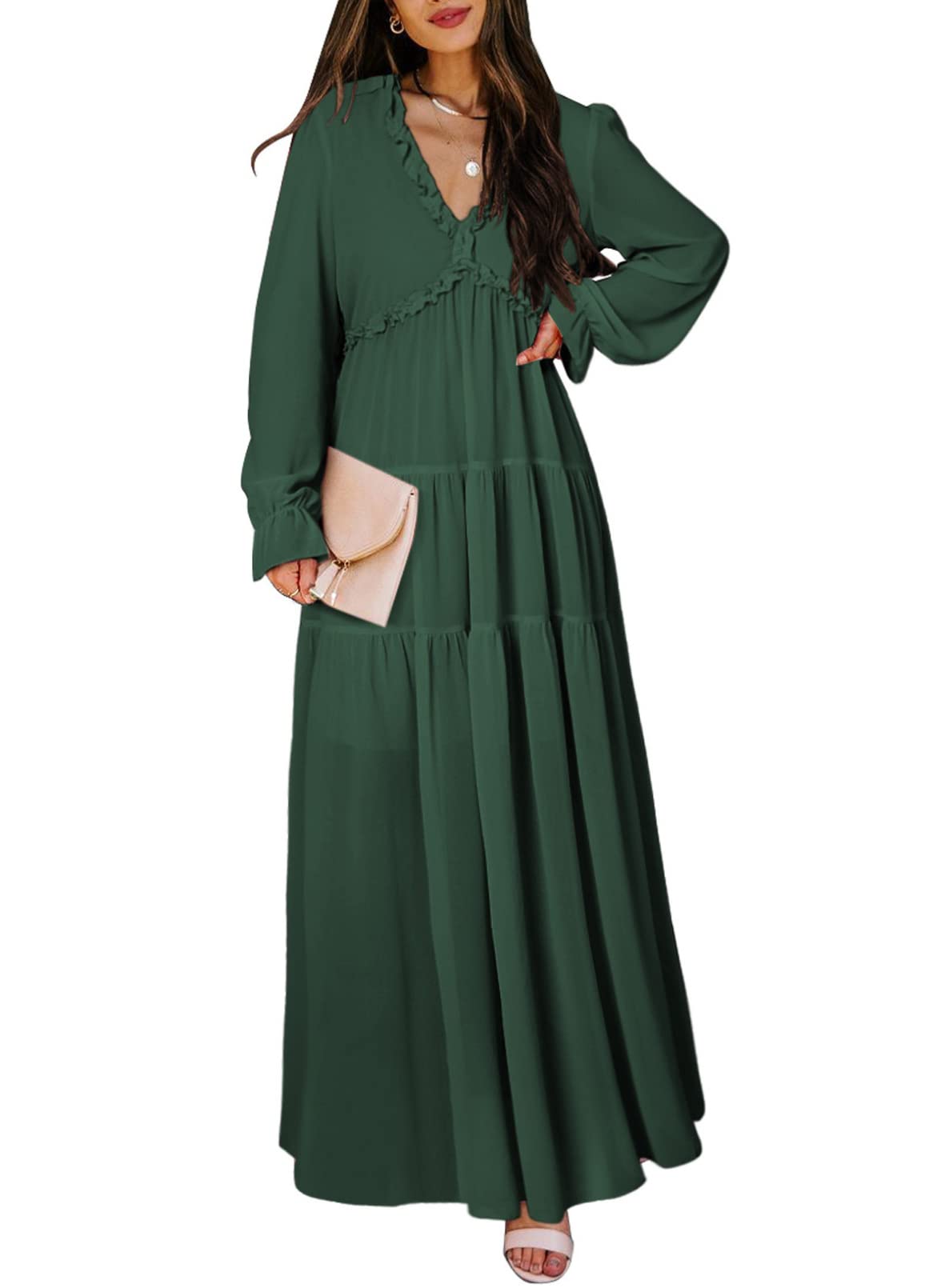 Womens Casual Boho Floral Printed V Neck Long Sleeve Long Maxi Dress Spring Summer Dresses