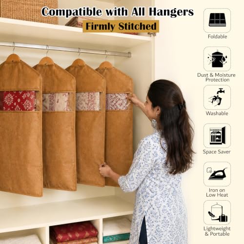 Image of JD FRESH 6 Pack Hanging Saree Bag for Wardrobe /Non Woven Clothes Bags for Storage /Breathable Hanging Saree Covers /Transparent Window Cloth Storage Bag /Stoarge Covers with Zip (Orange)