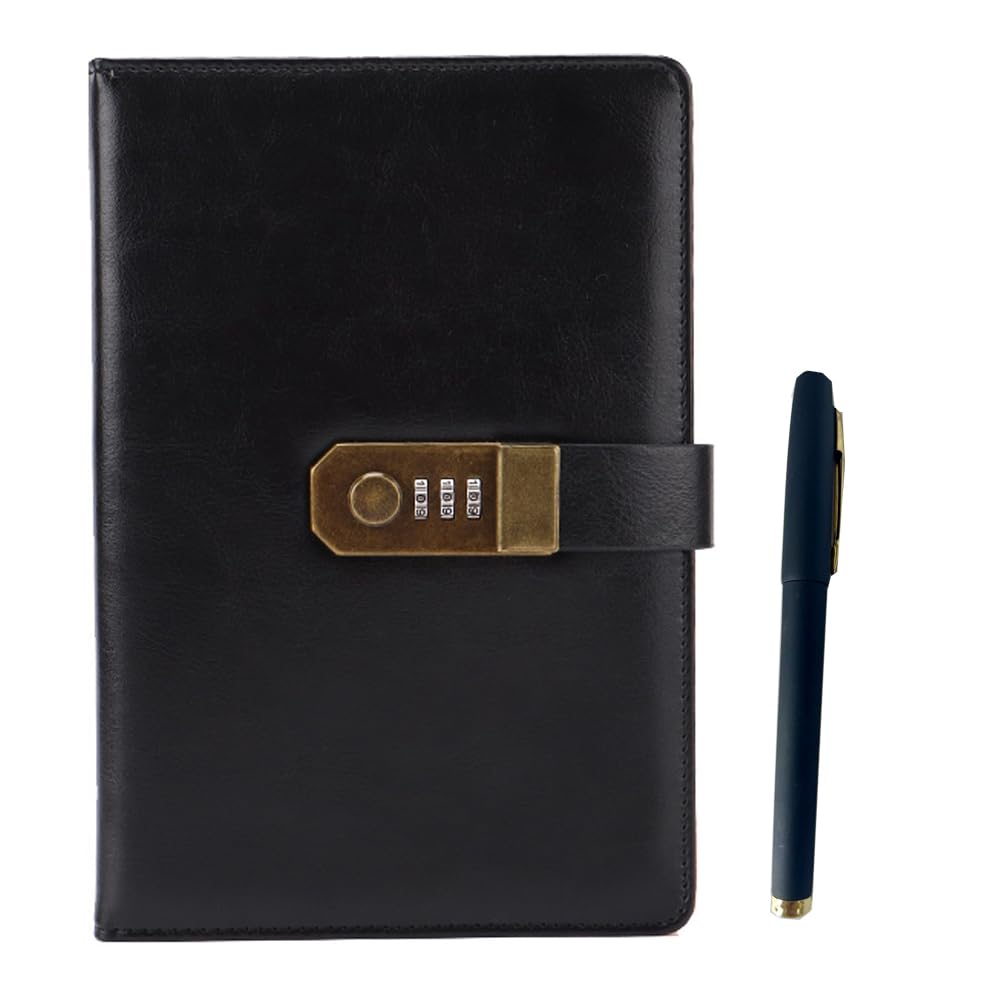 A5 Lock Journal, PU Leather Diary with Lock 240 Pages Black | Hardcover Password Notebook with Pen,Private Lock Journal for Men and Women,8.6x5.9in