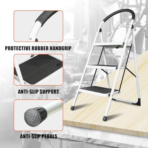 image for Jack Boss 3 Step Ladder, Folding Lightweight Step Stool with Wide Anti