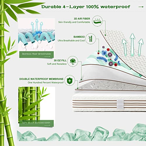 GRT King Size Waterproof Mattress Protector Rayon Bamboo - 3D Air Fiber Cooling Mattress Protector Cover, Breathable Mattress Pad Noiseless 8''-21'' Deep Pocket Machine Washable
