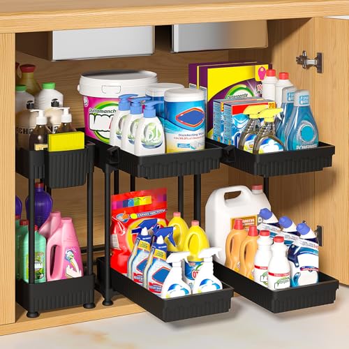 3-Pack 2-Tier Under Sink Organizers with Sliding Drawers | Multi-use kitchen & bathroom storage, 12.8 inch 2-Tier Sliding cabinet organizer, space-saving sliding drawer design.