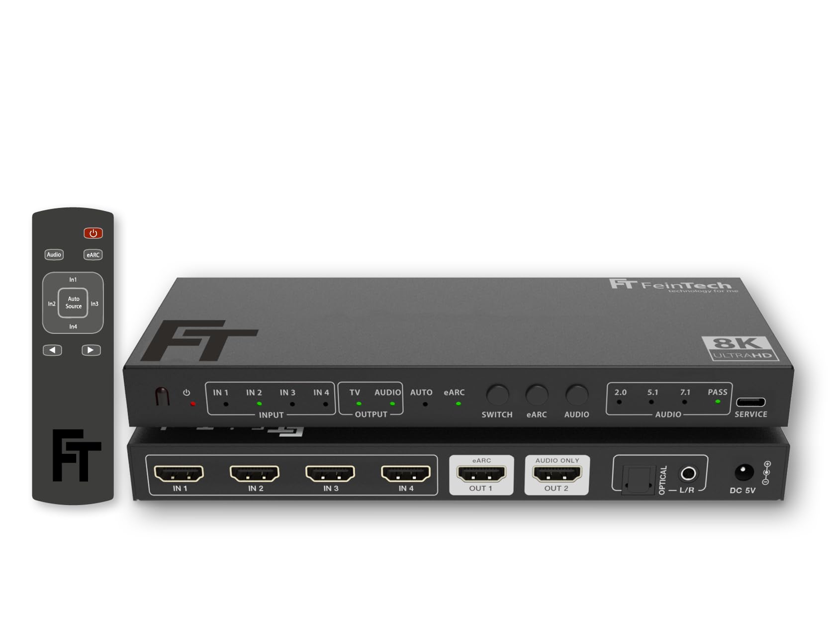 FeinTech SW411 HDMI 2.1 Switch 4 In 1 Out mit Audio Extractor für Soundsysteme mit HDMI-, Toslink- und AUX-Eingang, unterstützt 4K 120Hz & 8K