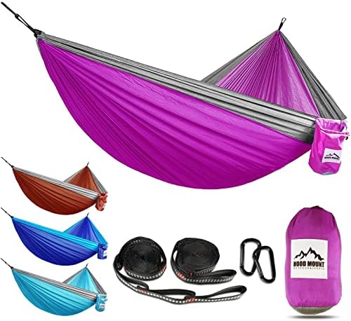 HOOD MOUNT Camping Hammock, Nylon Lightweight Portable Hammocks with 2 Tree Straps, for Touring, Hiking, Outdoor, Deach, Camping. (Purple & Grey)