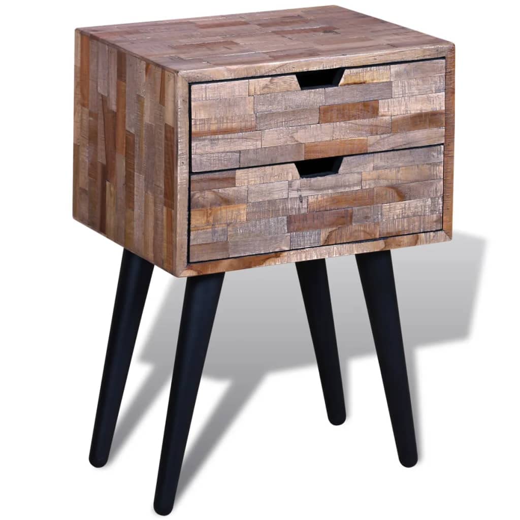 Table de chevet solide et durable en teck avec double tiroir vintage de rangement