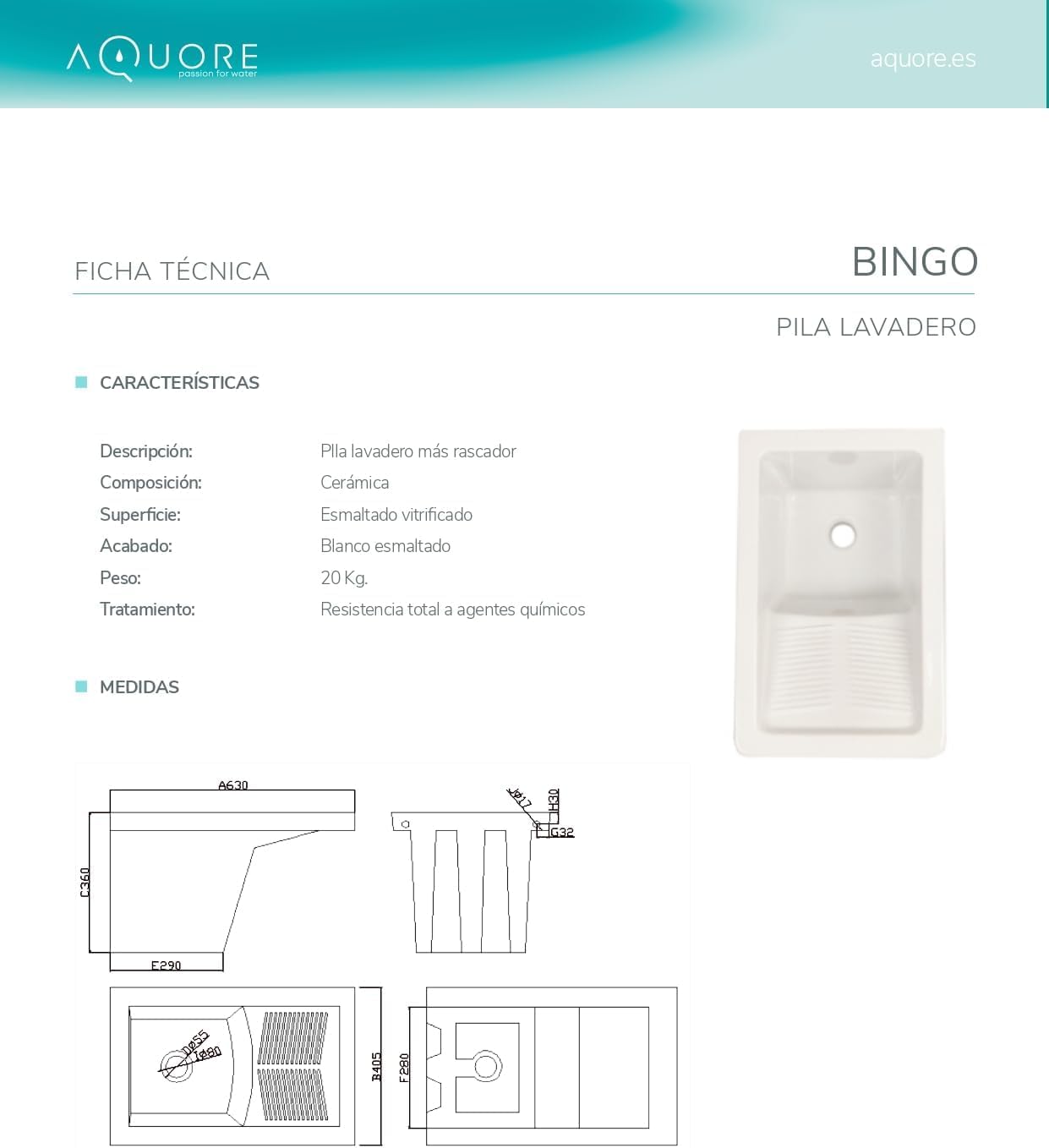Aquore | Pila Lavadero BINGO + Soporte | Fabricada en Porcelana Blanco Brillo | Medidas 40.5 x 36 x 64 cm | Medidas de la base 29×29 cm | Ideal para instalación en la zona del lavadero de la casa