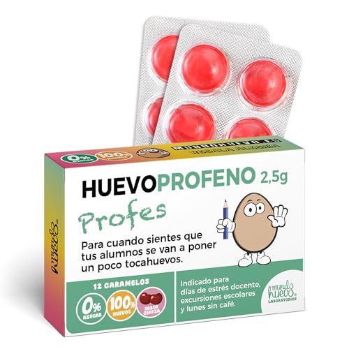 Caramelos de broma HUEVOPROFENO+ Profe | Caja con 12 caramelos sin azúcar sabor cereza | Regalo divertido para profes que dejan huella