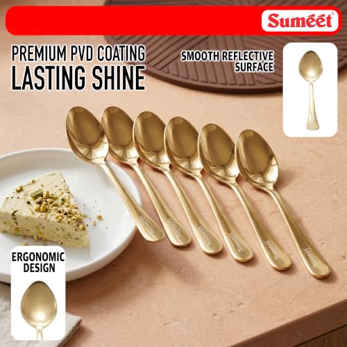 Image of Sumeet Stainless Steel Golden Baby /Meduim Premium Spoon Set of 6 Pc - (15.5cm L) (1.6mm Thick)