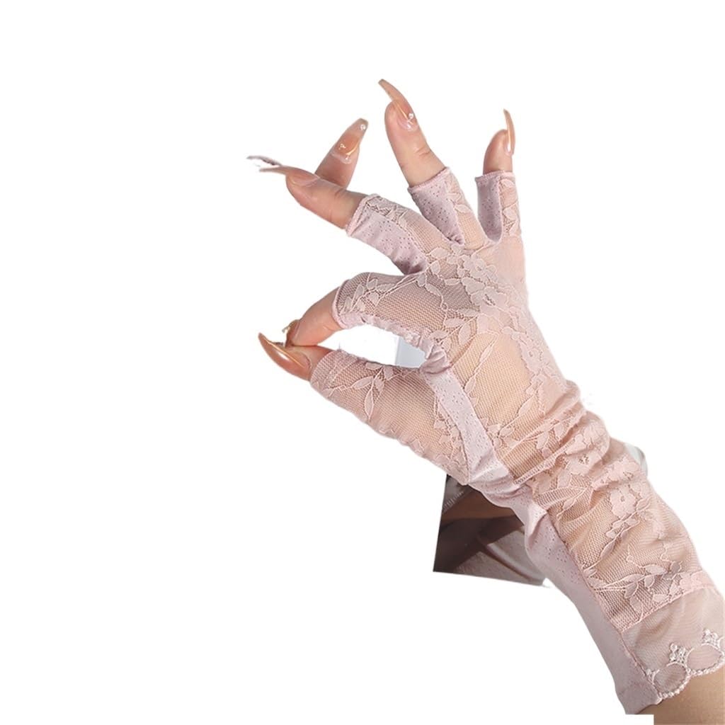 Women's Thin Mid-length Driving Riding Outdoor Ice Silk Lace Half-finger Gloves