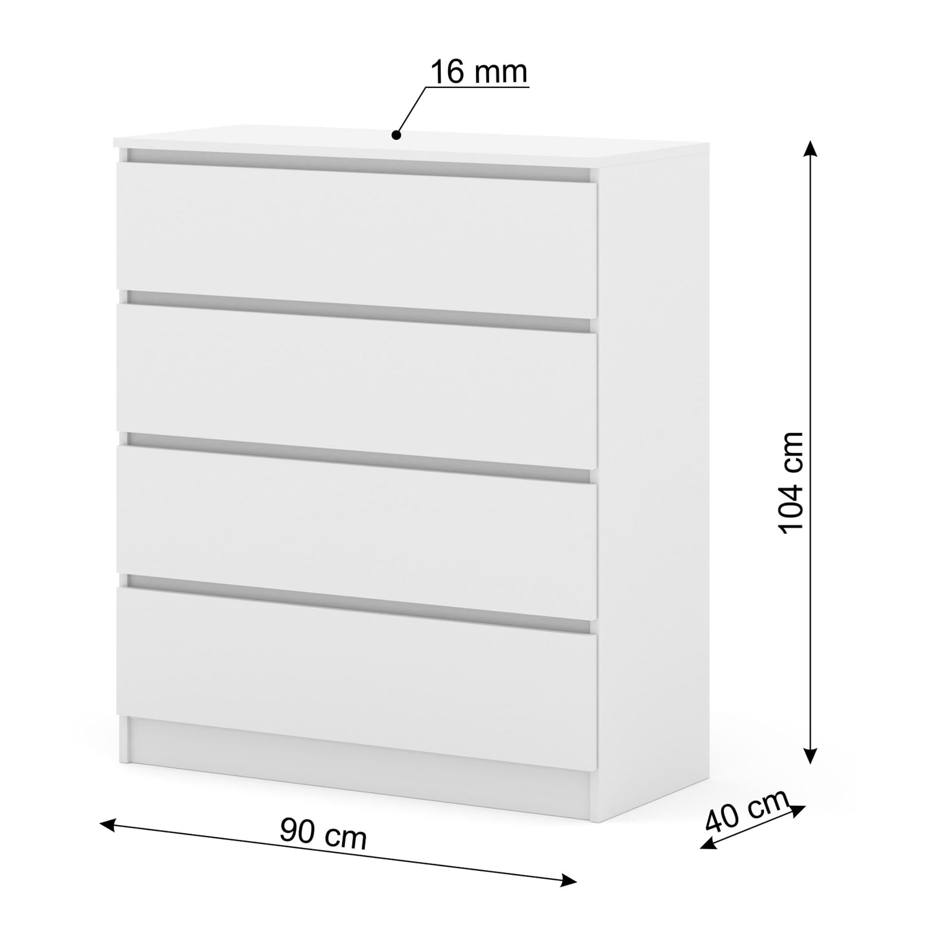 Homlando Cassettiera senza maniglie, cassettiera con 4 cassetti, stabile soggiorno, camera da letto o ufficio, Maia, 40 x 90 x 104 cm, bianco opaco