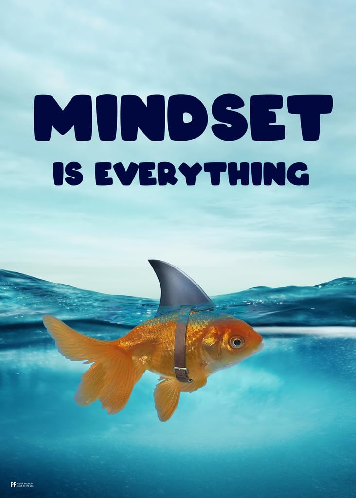 Mindset Is Everything Poster Goldfish Shark Fin Fish Motivational Classroom Decor Cool Wall Art Print Poster 12x18