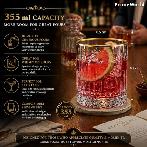 Image of PrimeWorld Timeless Gold Rim European Crystal Whiskey Glasses Set of 6 pcs- 355 ml Bar Glass for Drinking Bourbon, Whisky, Scotch, Cocktails, Cognac- Old Fashioned Cocktail Tumblers
