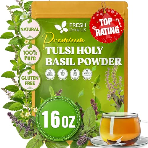 Image of FreshDrinkUS, Premium 16oz Tulsi Leaves Powder, 100% Natural & Pure, Herbal Tea, No Sugar, No Caffeine, No Gluten, Vegan.
