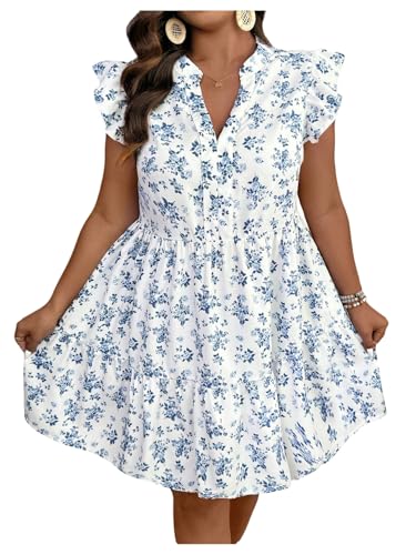 SOLY HUX Women's Plus Size Floral Dress Notched V Neck Cap Sleeve Ruffle Hem Babydoll Flowy Summer Short Dresses