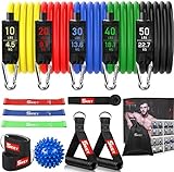 Juego de bandas de resistencia 16 en 1: 5 tubos de 100 % látex natural, 3 bandas de resistencia de látex 100 % natural, 2 asas acolchadas de espuma antideslizantes, 2 correas para los pies de nailon con capa de protección de esponja, bola de masaje única, ancla de puerta prémium, bolsa de transporte, ilustración de entrenamiento detallada. Mejora tu condición física con el mejor juego del mercado.