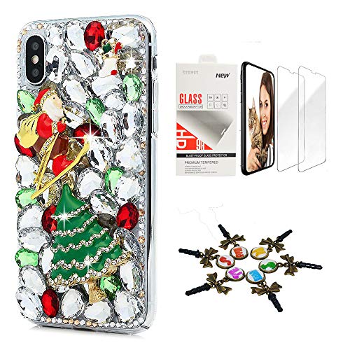 STENES iPhone X/iPhone Xs Case - Stylish - 3D Handmade [Sparkle Series] Bling Santa Christmas Tree Design Cover Compatible with iPhone X/iPhone Xs with Screen Protector [2 Pack] - Green