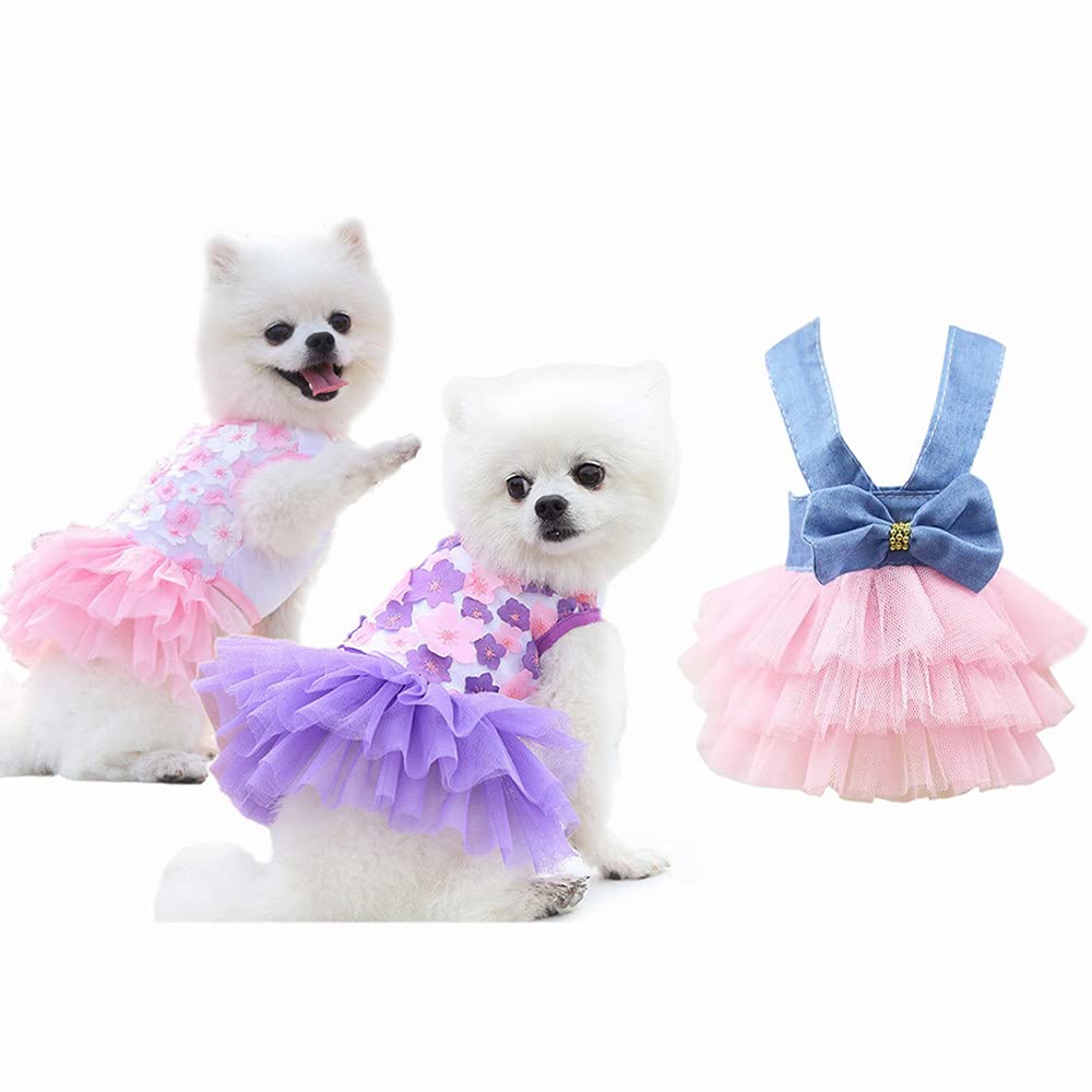 Clopon Dog Cute Floral Dress Pet Party Costumes Doggie Mesh Flower Bow Princess Apparel Tutu Lace Dresses (3Pcs Blue, L)