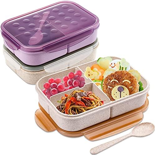 2 Pack, Pair - Wheat Fiber (No BPAs, No Chemical Dyes) Lunch Box Set, Bento Box, Food container for Adults, Kids, Baby for school, work, daycare. Lunch Boxes with 3 Compartments, Flatware. (Purple/ Yellow - 1150ML) 8 51SoZS4RWmL. AC