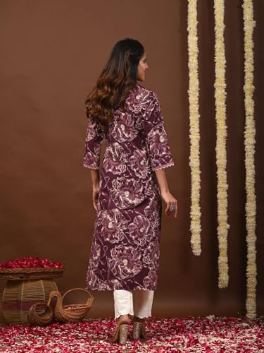 Image of Rimeline Women's Cotton Printed Kurta with Lace-Trim V-Neckline | Straight Fit Ethnic Wear for Festive, Casual & Office Use