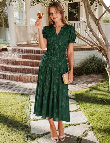 Image of ZESICA Womens Summer Floral Flowy Midi Dress 2026 Puff Short Sleeve V Neck Ruffle Tiered Beach Vacation Party Dresses