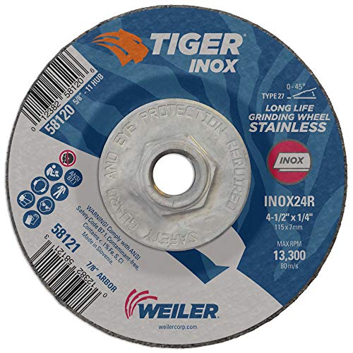 Image of Weiler 58120 4-1 /2 inch x 1 /4 inch Tiger INOX Type 27 Grinding Wheel, INOX24R, 5 /8 inch-11 inch UNC Nut (Pack of 10)