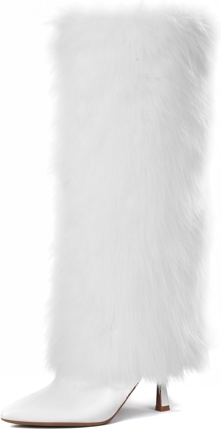 QLR Womens 3.3-inch Kitten Heel Knee High Fur Boots Furry Fuzzy Fluffy Pointed Toe Boots for Women Tall Wide Calf Fall Winter Snow Fold Over Boot with Side Zipper