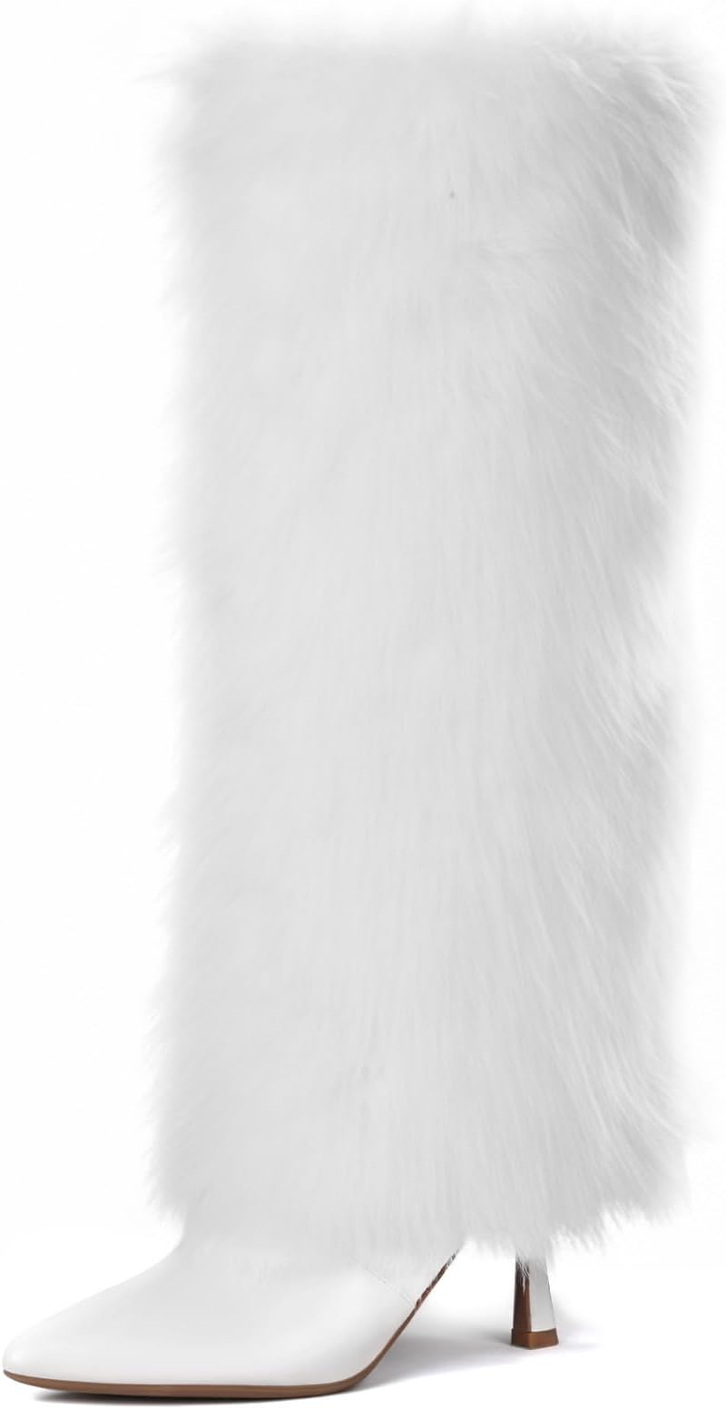 Womens 3.3-inch Kitten Heel Knee High Fur Boots Furry Fuzzy Fluffy Pointed Toe Boots for Women Tall Wide Calf Fall Winter Snow Fold Over Boot with Side Zipper