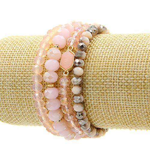 Image of Gold Beaded Bracelet Set, Square Stone Hexagon Druzy Stretch Beaded Stackable Bracelets Bangles