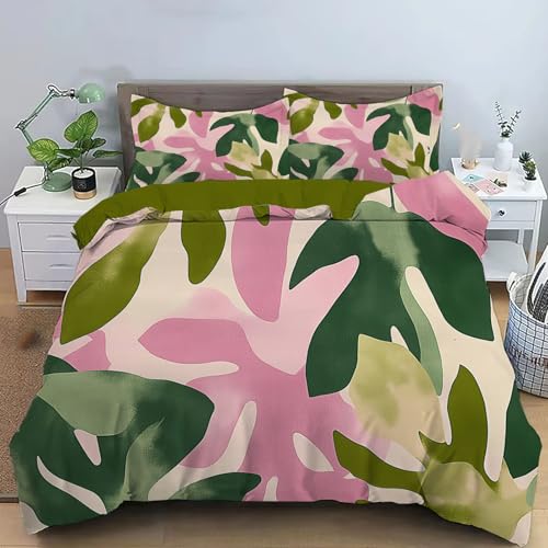 Housse de couette vert olive clair motif monstera adulte linge de lit microfibre 200x200