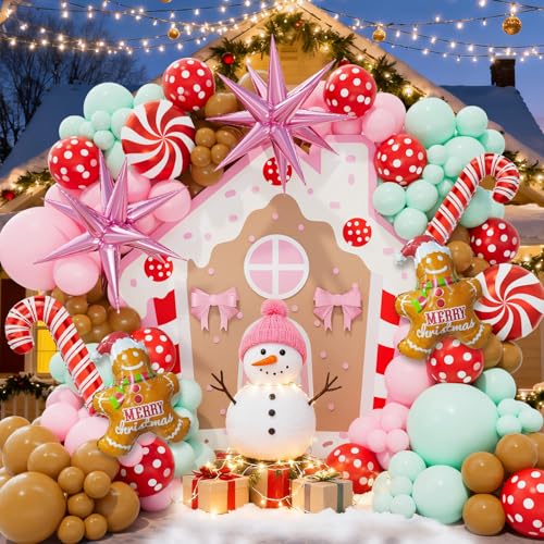 Christmas Balloon Garland Arch kit - Gingerbread Balloon Arch kit with Pink Green Brown Red Balloons Candy Cane Explosion-Star Gingerbread Foil Balloons for Xmas Party Decorations