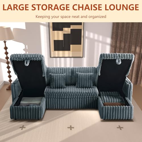 Image of 107'' Sectional Sleeper Sofa with Pull Out Bed, Storage Chaise, Adjustable Backrest, USB Charger, Cup Holder & Side Pocket, Fluffy Soft Corduroy U Shaped Couch for Living Room, Dark Grey