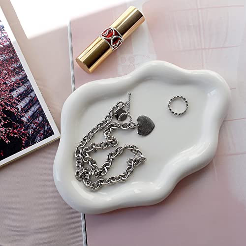Image of Jewelry Dish Trinket Tray for Women, Ring Dish Holder, Unique Cloud Shape Ceramic Plate Cute Things Vanity Aesthetic Room Decor Mother's Day Birthday (White)