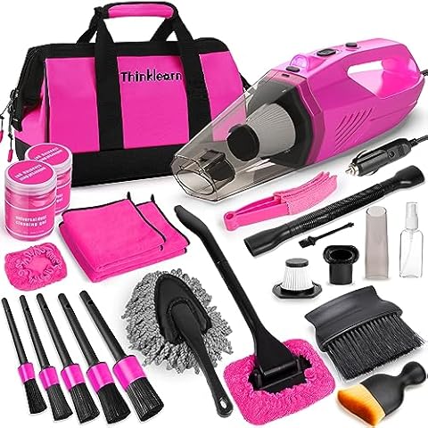 ThinkLearn Car Vacuum Detailing Kit, Interior Car Cleaning Kit with High Power Handheld Vacuum and 7Pcs Detailing Brush Set, Well-Designed Women's Pink Car Accessories Bag Cover