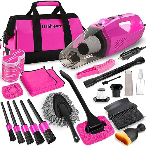 Car Vacuum Detailing Kit, Interior Car Cleaning Kit with High Power Handheld Vacuum and 7Pcs Detailing Brush Set, Well-Designed Women’s Pink Car Accessories Bag