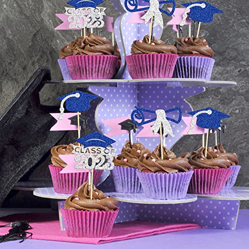 Gyufise 24Pcs Class Of 2023 Graduation Cupcake Toppers Glitter Diploma 2023 Graduation Cap Cupcake Picks For 2023 Graduation Theme Party Cake Decorations Supplies Silver Blue #TOP3