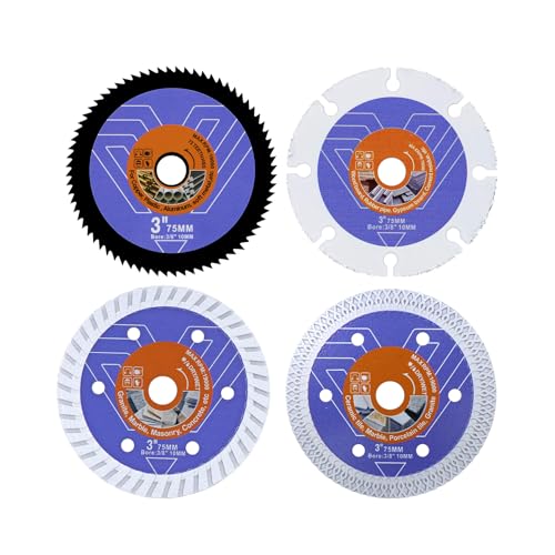 3-Inch Saw Blade Set – 4-Piece Tile/Concrete/Wood/HSS Cutting Discs for Tile Concrete Masonry Wood Plastic Soft Metal – Compatible with Angle Grinders and Circular Saws with a 3/8" (10mm) Arbor