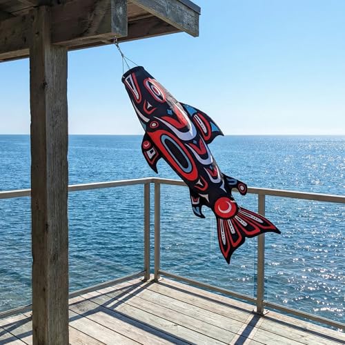 Madrona Brands Totem Salmon Fish Windsock for Outside | Durable Decorative Wind Sock Flag | Yard, Garden, Boat, Dock | 40 Inch