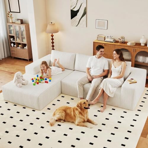 Image of 96 inch Modular Sectional Couch, Boneless L Shaped Cloud Sofa with Chaise Lounge, Corduroy Upholstered Couches Memory Foam Deep Seat, No Assembly Required, Ideal for Living Room(White, Left Facing)