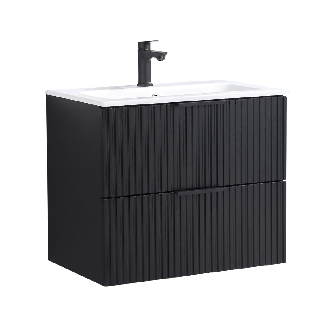 Umywalka z szafką pod umywalkę 60 cm, czarna rowkowana, 2 szuflady Soft-Closing, zestaw mebli łazienkowych, wisząca na ścianie