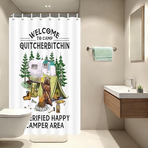 Funny Camper Shower Curtain, A Bear Drink Beer Camping
