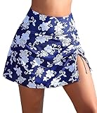 ALove Falda de natación deportiva de cintura alta para mujer, con cordón ajustable, con braga integrada, Flor azul marino , XXL