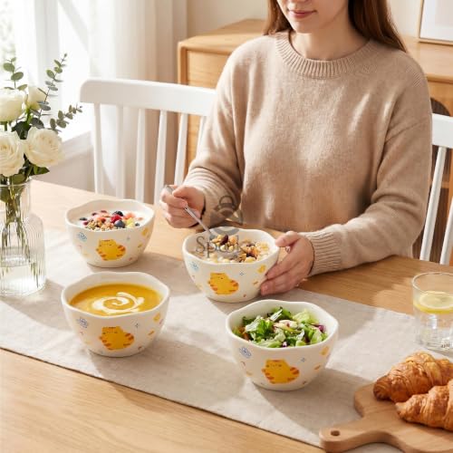 Image of Spooky Cute Ceramic Cereal & Soup Bowls (420ml) | Bowls with Top Waving Design | Microwave Safe Serving Bowls for Ramen, Noodles, Salad, Rice & Breakfast | Katori /Bati /Pyala (Set of 4, Yellow Cat)
