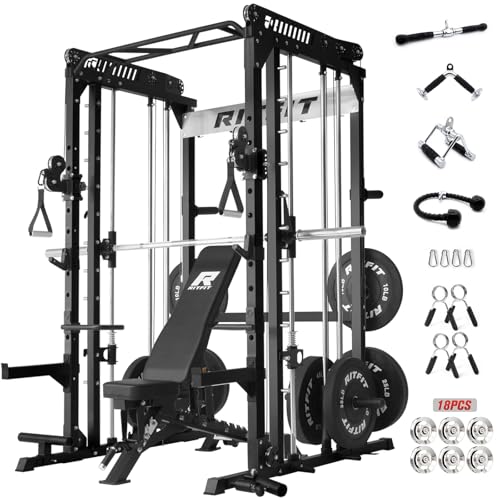 RitFit M1 Pro Smith Machine with Cable Crossover System, Multi-Function Squat Rack Power Cage for Home Gym, Power Rack and Packages